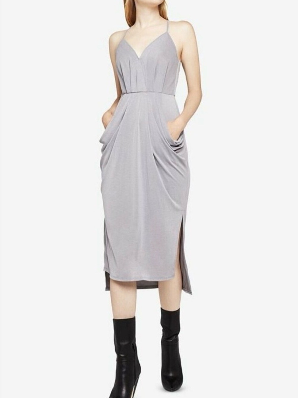 BCBGeneration Light Gray Spaghetti Strap Midi Dress